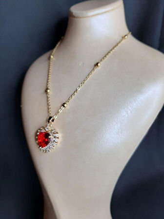 MRYart Altın Renk Kırmızı Kalp Model Top Zincir Çelik Kolye