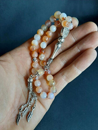 MRYart Bej Renk Şık Tasarım Akik Taşı Tesbih