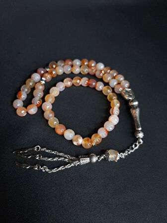 MRYart Bej Rengi Doğal Akik Taşı Tesbih ve Bileklik Set