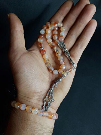 MRYart Bej Rengi Doğal Akik Taşı Tesbih ve Bileklik Set