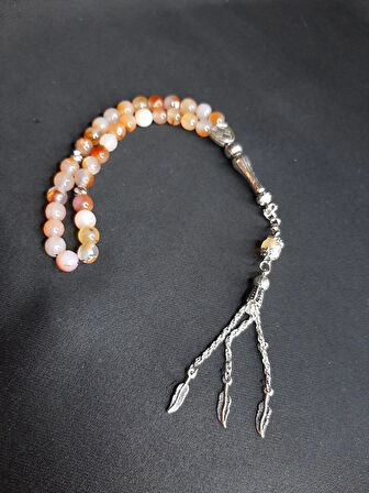 MRYart Bej Rengi Doğal Akik Taşı Tesbih ve Bileklik Set