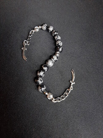 MRYart Füme Gri Labrovit Taşı ve Zülfikar Kılıç Detaylı Doğaltaş Zaza Tesbih