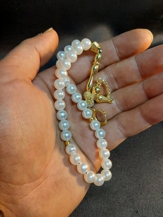 MRYart Beyaz Renk Plastik İnci ve Gold Renk Metal Detaylı 33 lük Tesbih