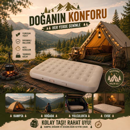 Inflatable Mattress KMP261 150x200 İki Kişilik Kamp ve Seyahat Şişme Yatağı