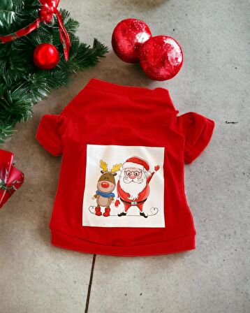 Santa and Friend Rudolph Orta ve Büyük Irk Köpek Tişörtü Yılbaşı Noel