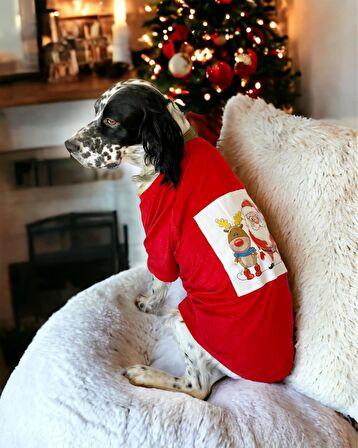 Santa and Friend Rudolph Orta ve Büyük Irk Köpek Tişörtü Yılbaşı Noel