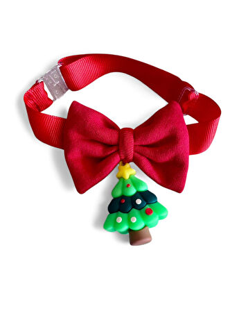 Christmas Tree Yılbaşı Köpek Papyon Tasması | Kırmızı Fiyonk Boyun Aksesuarı | Noel Temalı Köpek Süsü