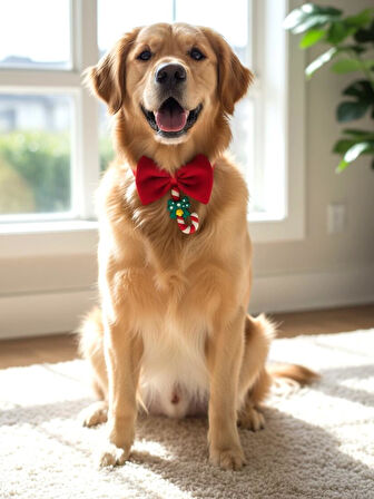 Candy Xmas Yılbaşı Köpek Papyon Tasması | Kırmızı Fiyonk Boyun Aksesuarı | Noel Temalı Köpek Süsü | Orta ve Büyük Irklar İçin