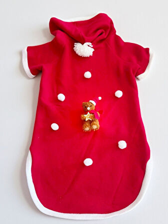 Santa Teddy Kırmızı Yılbaşı Köpek Kıyafeti | Noel Baba Kapüşonlu Polar Sweatshirt | Orta ve Büyük Irklar İçin