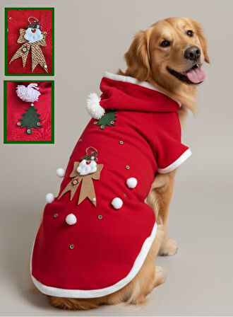 Santa Bow Kırmızı Yılbaşı Köpek Kıyafeti | Noel Baba Kapüşonlu Polar Sweatshirt | Orta ve Büyük Irklar İçin