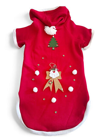 Santa Bow Kırmızı Yılbaşı Köpek Kıyafeti | Noel Baba Kapüşonlu Polar Sweatshirt | Orta ve Büyük Irklar İçin