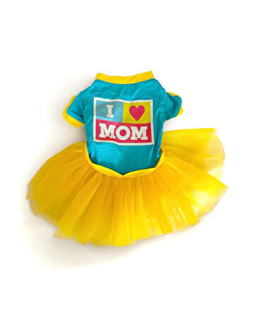 BLUE Love Mom Tütülü Köpek Elbisesi,  Kıyafeti Tutu