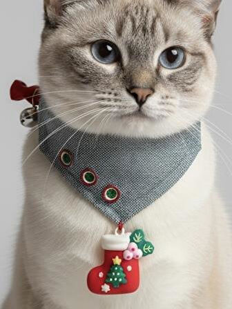 Kedi Bandanası Yılbaşı Temalı | Christmas Cat Bandana | Çorap Süs Detaylı Kedi Fuları