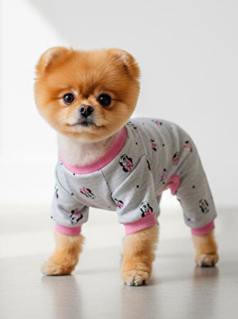 Minnie Köpek Tulumu | Pamuklu Penye Köpek Pijaması | Gri Pembe Desenli | Tüy Dökülmesini Azaltır | Küçük Irklar İçin