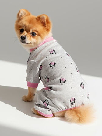 Minnie Köpek Tulumu | Pamuklu Penye Köpek Pijaması | Gri Pembe Desenli | Tüy Dökülmesini Azaltır | Küçük Irklar İçin