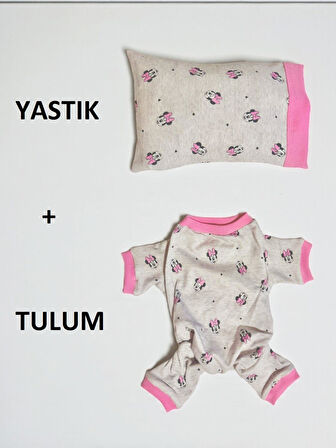 Pembe Minnie Kedi Uyku Seti | Penye Kedi Tulum ve Mini Yastık Takımı | Pamuklu | Tüy Dökülmesini Azaltır | 