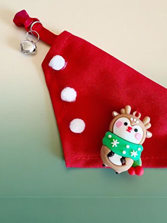 Christmas Squirrel Yılbaşı Kedi Bandanası | Ponponlu Kırmızı Noel Boyun Aksesuarı | Sevimli Sincap Figürlü Kedi Süsü