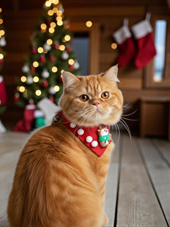 Christmas Squirrel Yılbaşı Kedi Bandanası | Ponponlu Kırmızı Noel Boyun Aksesuarı | Sevimli Sincap Figürlü Kedi Süsü