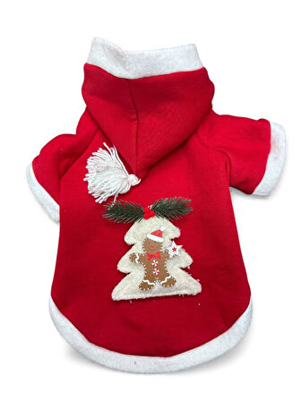 Yılbaşı Ağacı Kırmızı Polar Kedi Kıyafeti | Kapüşonlu Noel Kedi Sweatshirt | Küçük Irklar İçin