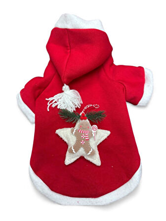 Yılbaşı Köpek Kıyafeti Yıldız Desenli Kırmızı Polar | Kapüşonlu Noel Köpek Kostümü | Küçük Irklar İçin