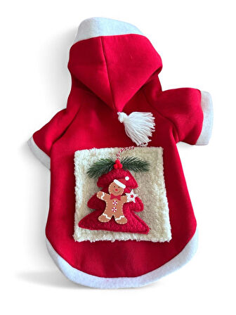 Yılbaşı Ağacı Premium Kırmızı Polar Kedi Kıyafeti | Kapüşonlu Noel Kedi Sweatshirt