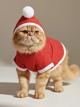 Yılbaşı Ağacı Premium Kırmızı Polar Kedi Kıyafeti | Kapüşonlu Noel Kedi Sweatshirt