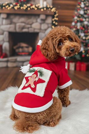Yıldız Desenli Yılbaşı Köpek Kıyafeti Premium Kırmızı Polar | Kapüşonlu Noel Köpek Kostümü | Küçük Irklar İçin