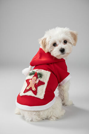 Yıldız Desenli Yılbaşı Köpek Kıyafeti Premium Kırmızı Polar | Kapüşonlu Noel Köpek Kostümü | Küçük Irklar İçin