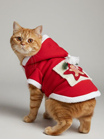 Yıldız Desenli Premium Yılbaşı Kedi Kıyafeti Yıldız Desenli Kırmızı Polar | Kapüşonlu Noel Kedi Kostümü | Kurabiye Temalı