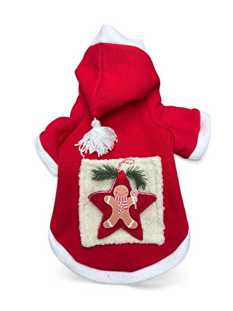 Yıldız Desenli Premium Yılbaşı Kedi Kıyafeti Yıldız Desenli Kırmızı Polar | Kapüşonlu Noel Kedi Kostümü | Kurabiye Temalı