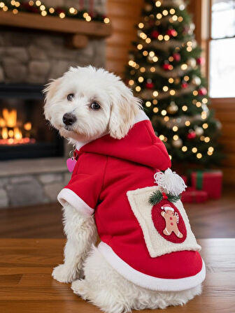 Kartopu Yılbaşı Köpek Kıyafeti Premium Kırmızı Polar | Kapüşonlu Noel Köpek Kostümü | Küçük Irklar İçin