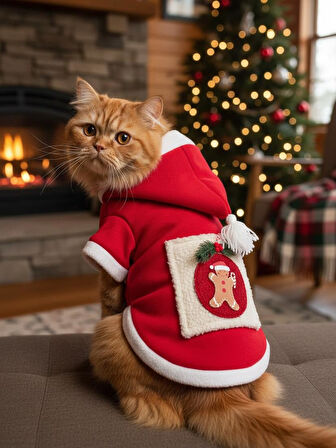 Kartopu Yılbaşı Kedi Kıyafeti Premium Kırmızı Polar | Kapüşonlu Noel Kedi Kostümü | Kurabiye Temalı