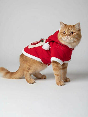 Kartopu Yılbaşı Kedi Kıyafeti Premium Kırmızı Polar | Kapüşonlu Noel Kedi Kostümü | Kurabiye Temalı