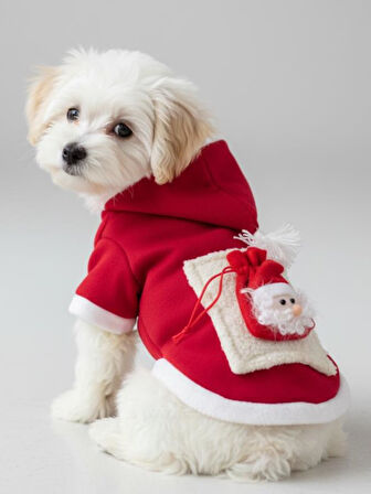 Santa's Bag Yılbaşı Köpek Kıyafeti Premium Kırmızı Polar | Kapüşonlu Noel Köpek Kostümü | Küçük Irklar İçin