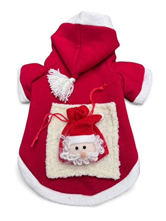 Santa's Bag Yılbaşı Kedi Kıyafeti Premium Kırmızı Polar | Kapüşonlu Noel Kedi Kostümü | Kurabiye Temalı