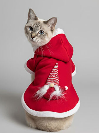 Yılbaşı Cücesi Kırmızı Polar Premium Kedi Kıyafeti | Kapüşonlu Noel Sweatshirt