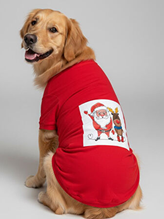 Noel Baba ve Geyik Baskılı Kırmızı Pamuklu Yılbaşı Köpek Tişörtü | Orta ve Büyük Irklar İçin