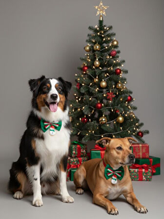 Kardan Adam Köpek Papyon Tasması |  Yeşil Kırmızı Fiyonk Boyun Aksesuarı | Noel Temalı Köpek Süsü | Orta ve Büyük Irklar İçin