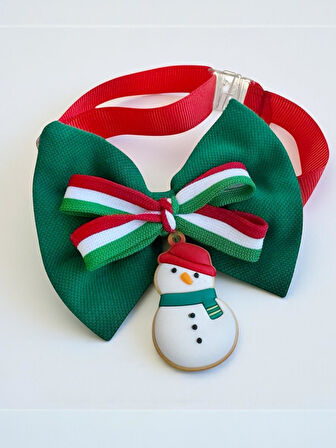 Kardan Adam Köpek Papyon Tasması |  Yeşil Kırmızı Fiyonk Boyun Aksesuarı | Noel Temalı Köpek Süsü | Orta ve Büyük Irklar İçin