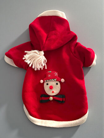 Kardan Adam Kırmızı Polar Kedi Kıyafeti | Kapüşonlu Noel Kedi Sweatshirt | Küçük Irklar İçin