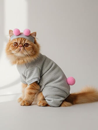 Ponpon Şeker Kedi Tulumu & Bere Takımı | Şardonlu Polar Kumaş | Tüy Dökülmesini Azaltır