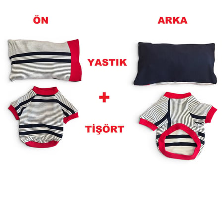 Yacht Club Marin Çizgili Köpek Uyku Takımı | Lacivert Kırmızı Pamuklu Köpek Tulumu ve Mini Yastık | Küçük Irklar İçin