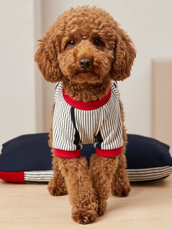 Yacht Club Marin Çizgili Köpek Uyku Takımı | Lacivert Kırmızı Pamuklu Köpek Tulumu ve Mini Yastık | Küçük Irklar İçin