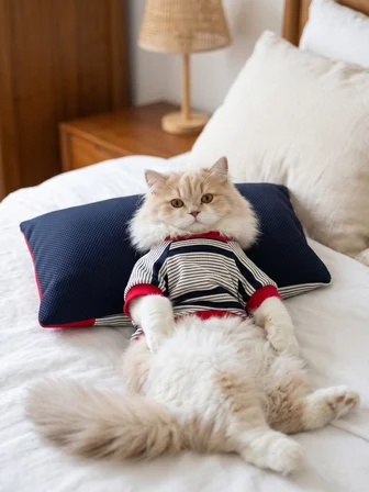 Yacht Club Marin Çizgili Kedi Uyku Takımı | Lacivert Kırmızı Pamuklu Kedi Tulumu ve Mini Yastık