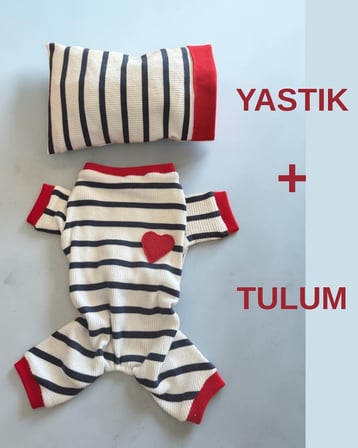 Mon Amour Çizgili Köpek Uyku Takımı | Pamuklu Penye Köpek Tulumu ve Mini Yastık | Küçük Irklar İçin | Tüy Dökülmesini Azaltır