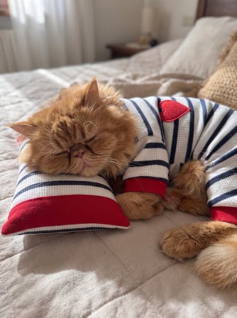 Mon Amour Çizgili Kedi Uyku Seti | Penye Kedi Tulum ve Mini Yastık Takımı | Pamuklu | Tüy Dökülmesini Azaltır | 