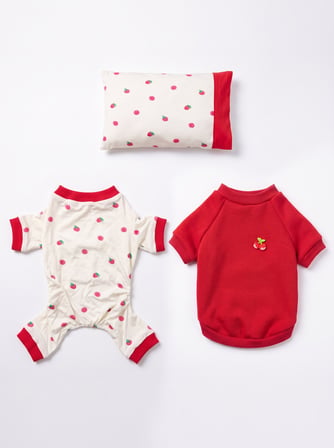 Tatlı Çilek Köpek Rüyası | Pamuklu Çilekli Köpek Tulumu, Kırmızı Sweatshirt ve Mini Yastık | 3 Parça