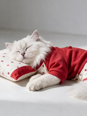 Tatlı Çilek Kedi Rüyası | Pamuklu Çilekli Kedi Tulumu, Kırmızı Sweatshirt ve Mini Yastık | 3Parça