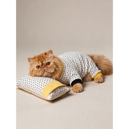 Spotty Sunny Minny Kedi Uyku Seti | Siyah Beyaz Puantiyeli Penye Kedi Tulumu ve Mini Yastık 