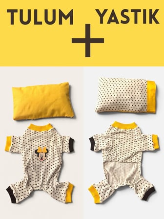 Spotty Sunny Minny Kedi Uyku Seti | Siyah Beyaz Puantiyeli Penye Kedi Tulumu ve Mini Yastık 